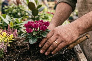 Mani esperte che piantumano un ciclamino rosa in terriccio fresco durante il laboratorio per creare una balconetta autunnale da Roagna Vivai a Cuneo
