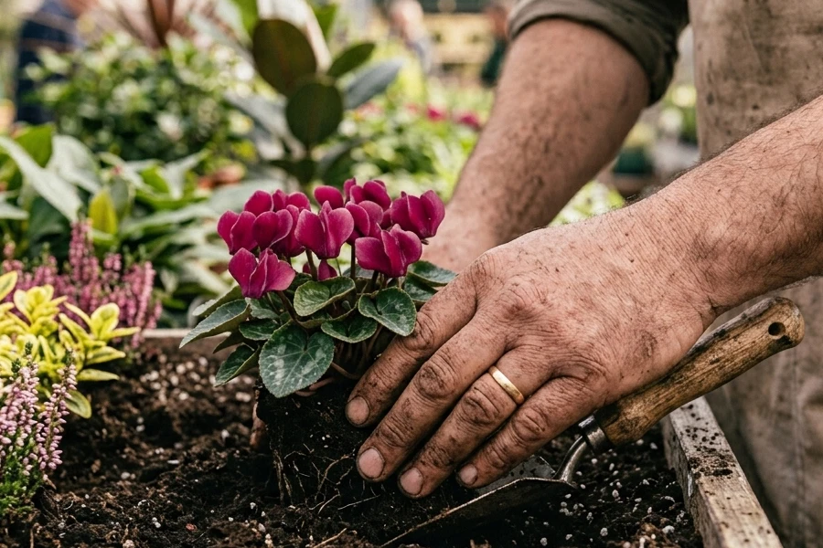 Mani esperte che piantumano un ciclamino rosa in terriccio fresco durante il laboratorio per creare una balconetta autunnale da Roagna Vivai a Cuneo