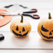 laboratorio-zucche-halloween-garden-roagna Zucche decorate a mano per Halloween con volti sorridenti e mostruosi, usate come anteprima per il laboratorio per bambini da Garden Roagna Vivai.